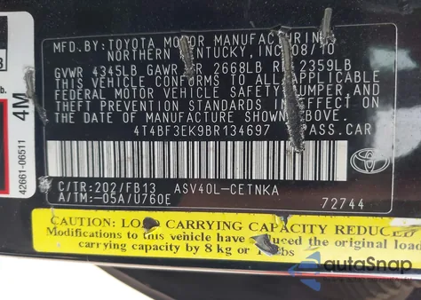 2011 Toyota Camry Se/Le/Xle z USA, uszkodzony, nr VIN 4T4BF3EK9BR134697